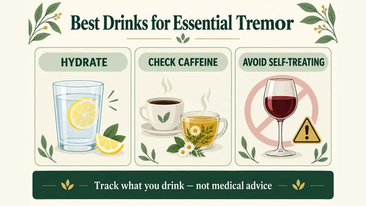 Nutriganix educational graphic comparing hydration, caffeine checking, and avoiding alcohol self-treatment when choosing drinks with essential tremor.