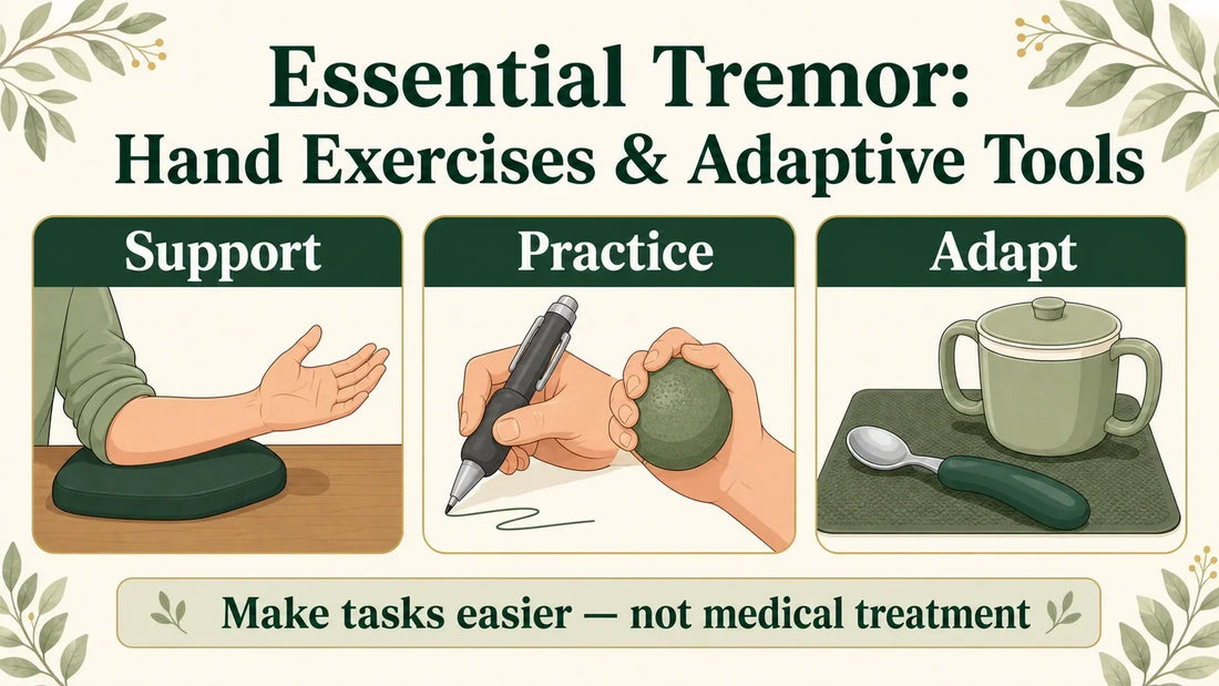Nutriganix educational graphic about essential tremor hand exercises and adaptive tools, showing arm support, task practice, a wide-grip pen, a soft exercise ball, an adaptive spoon, and a lidded two-handled cup.