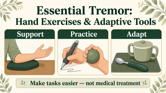 Nutriganix educational graphic about essential tremor hand exercises and adaptive tools, showing arm support, task practice, a wide-grip pen, a soft exercise ball, an adaptive spoon, and a lidded two-handled cup.