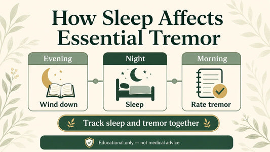 Nutriganix educational graphic showing an evening-to-morning routine to wind down, sleep, and rate tremor while tracking sleep and tremor together.