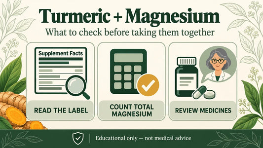 Nutriganix educational graphic showing three steps before taking turmeric and magnesium together: read the label, count total magnesium, and review medicines.