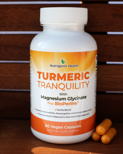 turmeric tranquility bottle in crate with 3 capsules 4 to 5